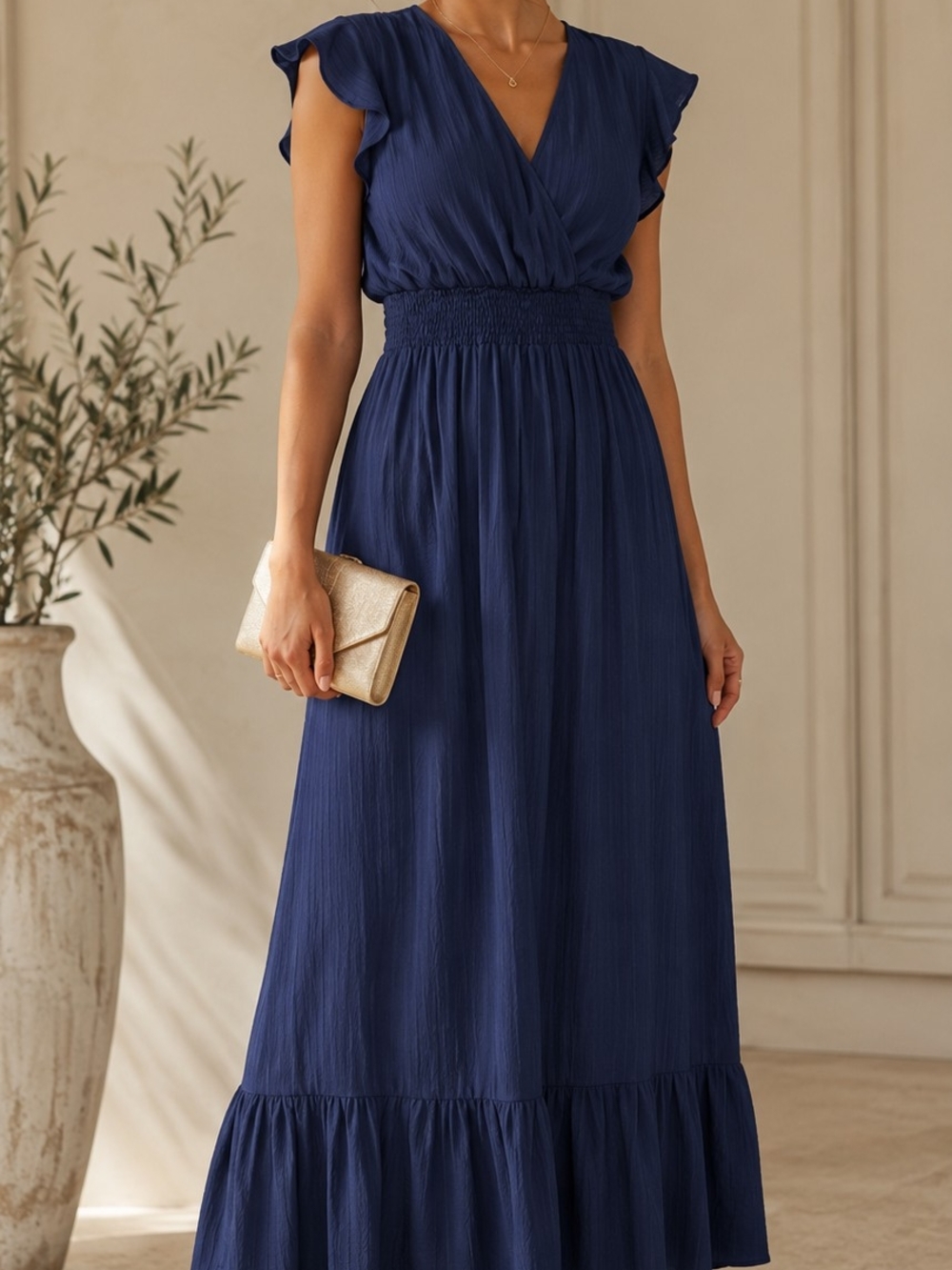 SHEIN Navy Blue Smocked-Waist Flutter Sleeve Maxi Dress